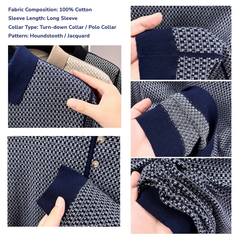 Polo a maniche lunghe da uomo 100% cotone, classico motivo pied-de-poule, abbottonatura invisibile, top casual - immagine 5