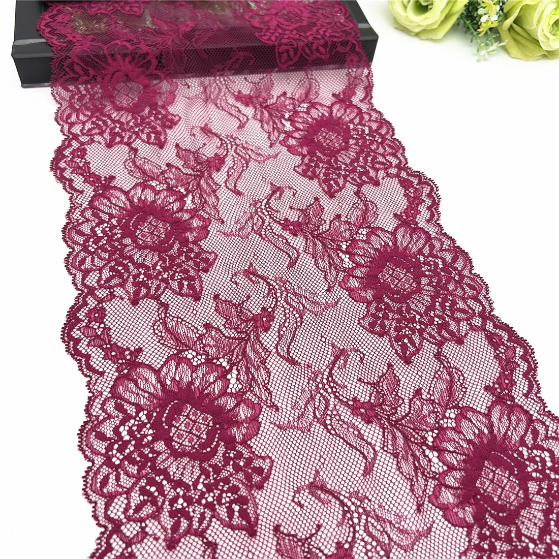 3y/lot Width 9 1/4 inch (23.50cm) Wine Red Elastic Stretch Lace Trim 1