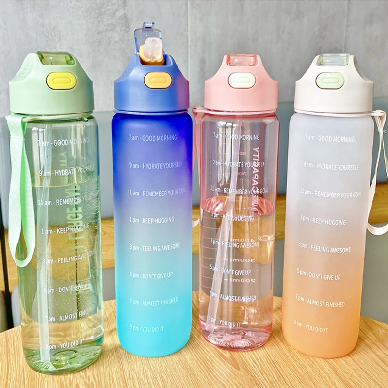 1000ml Water Bottle with Straw Large Capacity Cup Portable Plastic Water Cup Multi Color Camping Outdoor Sports Kettle Bottle