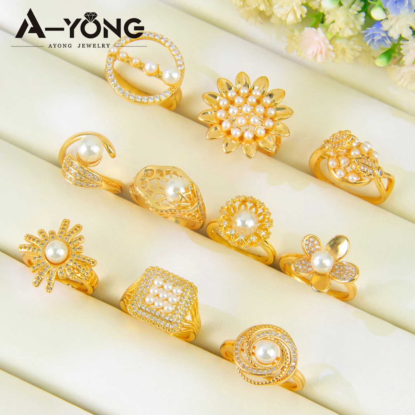 Italienische Mode Perlen Cocktailringe 21k Vergoldet Arabisch Geometrisch Eleganter Zirkonia-Ring Dubai Damen Event Party Schmuck – Detail 2