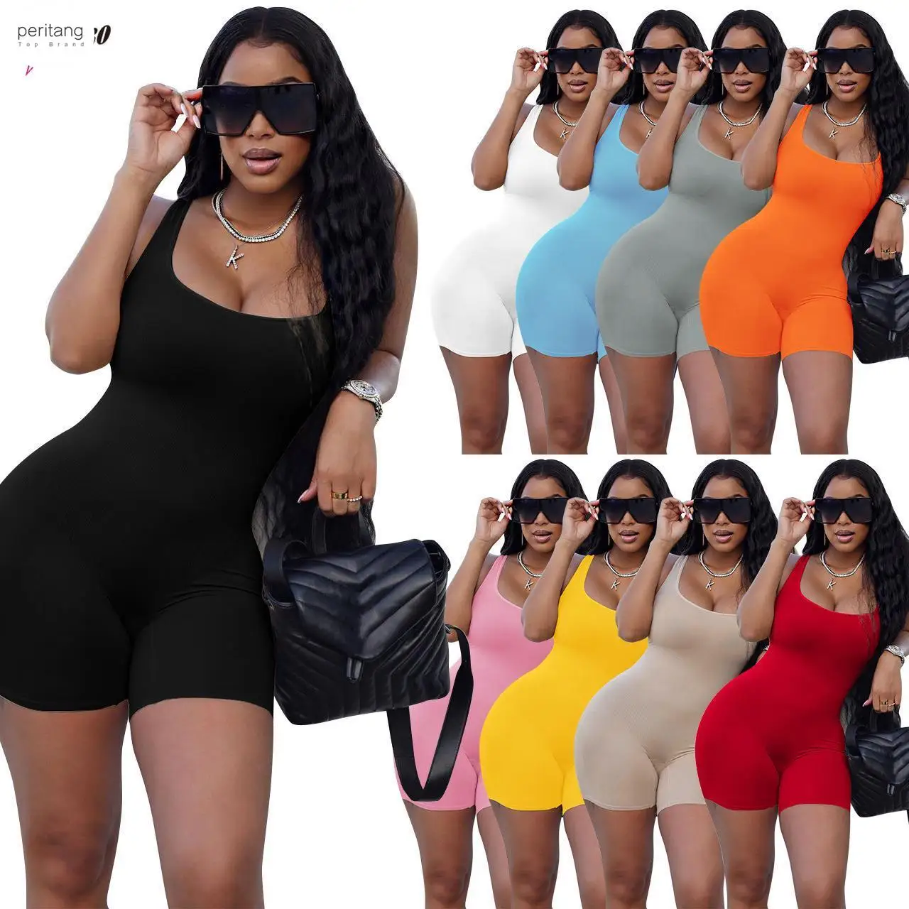 

2024 Sexy Women Sleeveless Romper Jumpsuit Bodycon Bodysuit Slim Fit Sports Short Pants Clubwear Backless Biker Shorts Playsuit