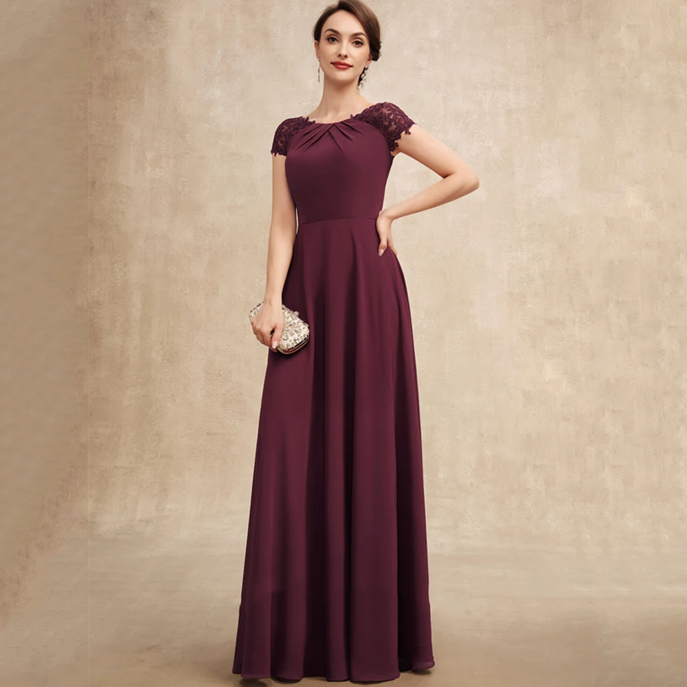 

Burgundy Cap Sleeve Mother of Bride Dresses for Women Beach Jersey Wedding Party Gown with Lace Plear 2023 Vestido De Noche