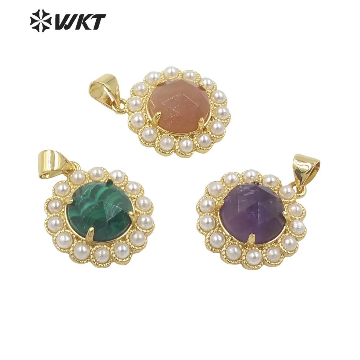 

WT-JP358 Wholesale Fashion Gold Plated Stone With Claw Setting Artificial Shell Pearl Around Labradorite Gemstone Pendants