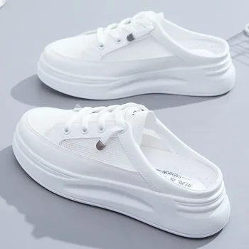 *Summer New Baotou Mesh Breathable White Flat Shoes Fashionable Hot Selling Casual Half Dragged Round Head Women's Sandals 1