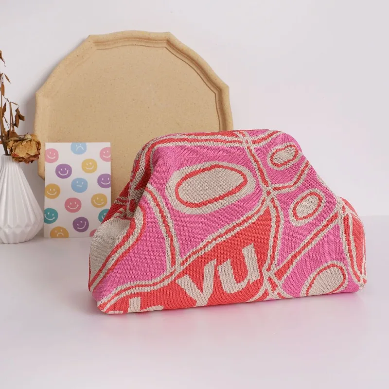 Large Capacity Suitable for Storage Bags Trendy Knitted Clip Bag Versatile New High-end Pattern Clutch Bag Love Knitted Hand 10