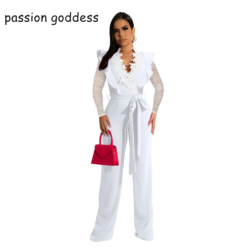 New Fashion 2022 Summer Long Sleeve Lace Stitching Deep V Neck Elegant Jumpsuit Ruffles Sexy White Straight Jumpsuit Overalls