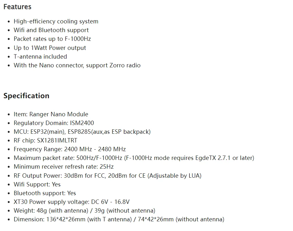 RadioMaster RANGER ELRS, Wifi and Bluetooth support Packet rates up to F-1OOOHz Up to