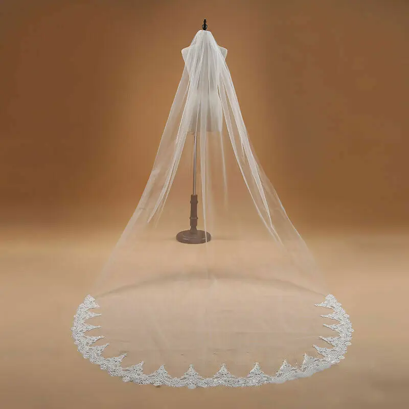 

New 1 Layer White Ivory 300cm Cathedral Wedding Bridal Bride Veils Applique Half Lace Edge Veil With Comb