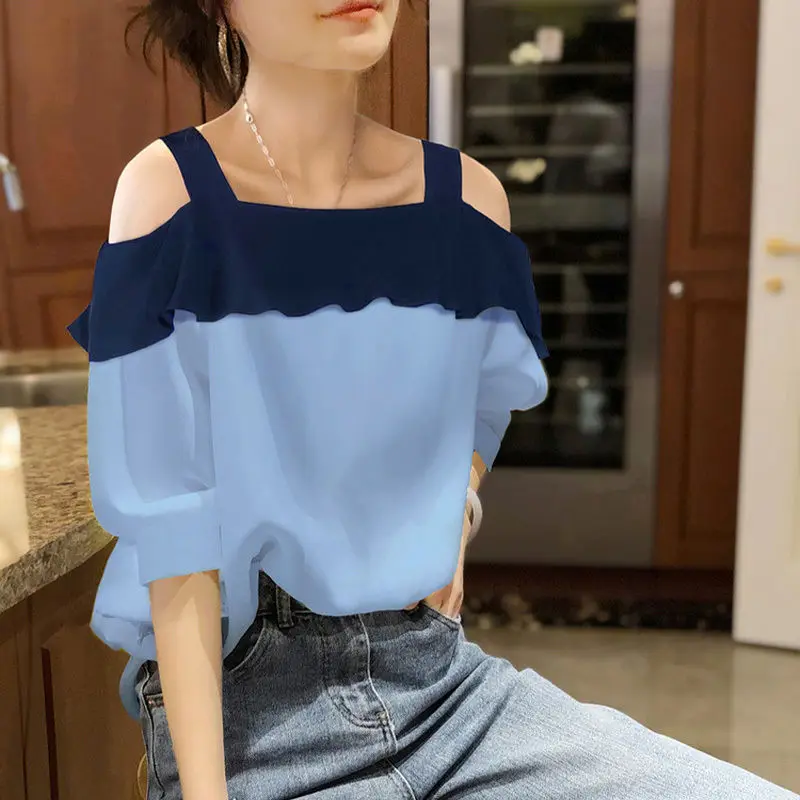 

Fashion Slash Neck Ruffles Hollow Out Off Shoulder Blouse Women's Clothing 2023 Summer New Oversized Casual Tops Sweet Shirt