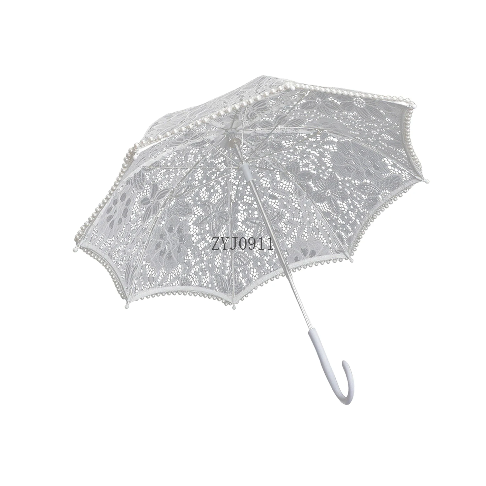 *Lace Umbrella Parasol White Wooden Handle Costume Flower Girl Umbrella for Wedding Decoration Photo Prop