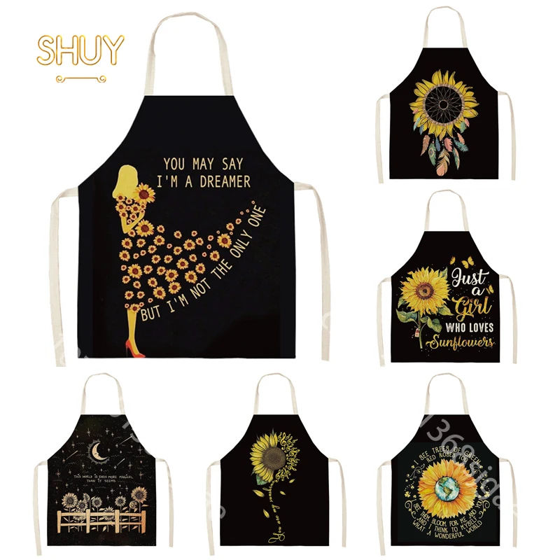 

Cartoon Sunflower Black Apron Florist Coffee Shop Restaurant Home Kitchen Cleaning Baking Cooking Adults Bib Kids Aprons Gift