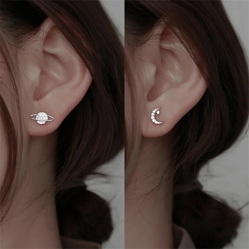 Korean Style Planet Moon Zircon Small Earring For Women Cute Space Astronaut Asymmetric Stud Earring Simple Ear Piercing Jewelry