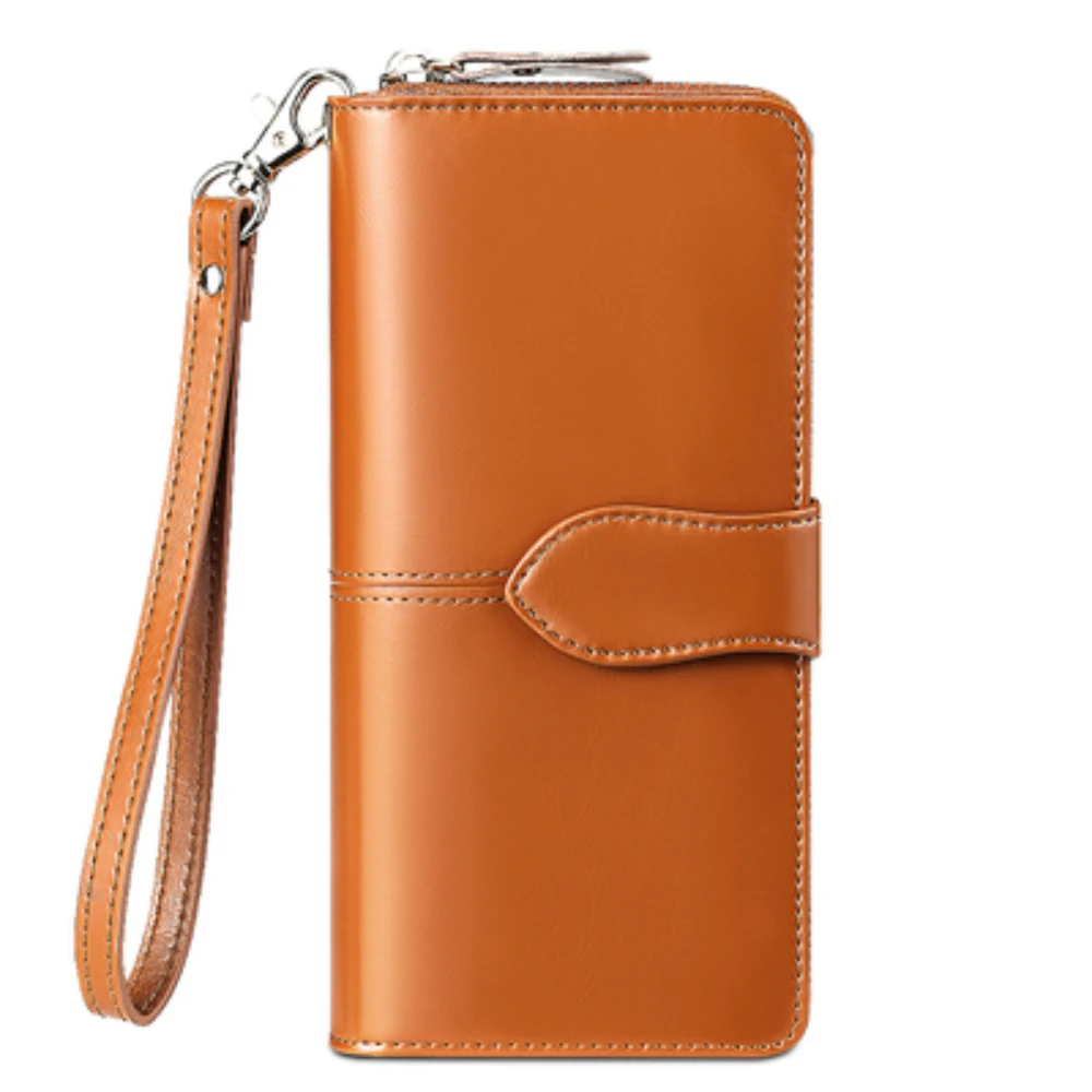 Vintage Oil Wax Cowhide Long Women's Wallet Genuine Leather Zippered Wallet Mobile Phone Bag