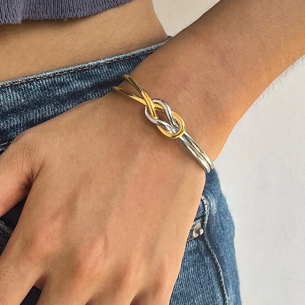 French Style Affordable Luxury Two-tone Knot Bangle Opening Double Metal Waterproof Geometric Bracelet Stainless Steel Jewelry