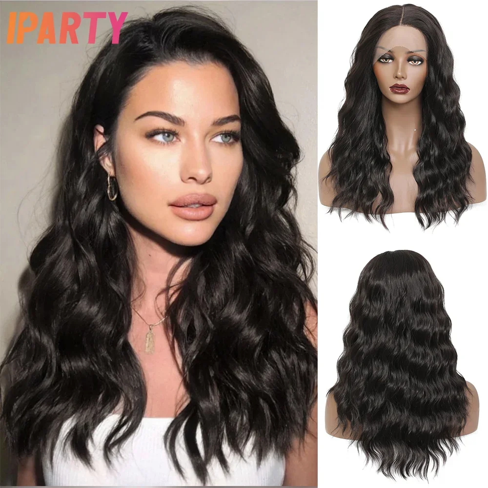 

Black Color Synthetic Lace Front Wig 20 Inches Middle Part Lace Long Wavy Heat Resistant Fibers Wigs For Women Multi Color Daily