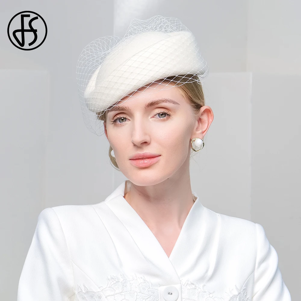 FS White Wool Felt Beret Wedding British Top Hats For Women
