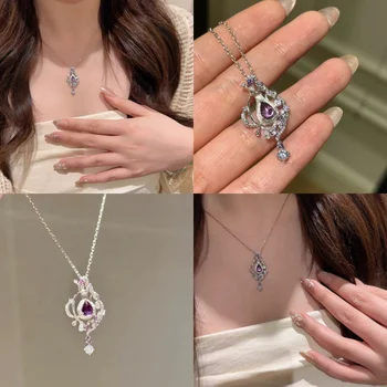 Fashionable and light luxury 925 sterling silver natural amethyst purple diamond magic aquarius necklace for women