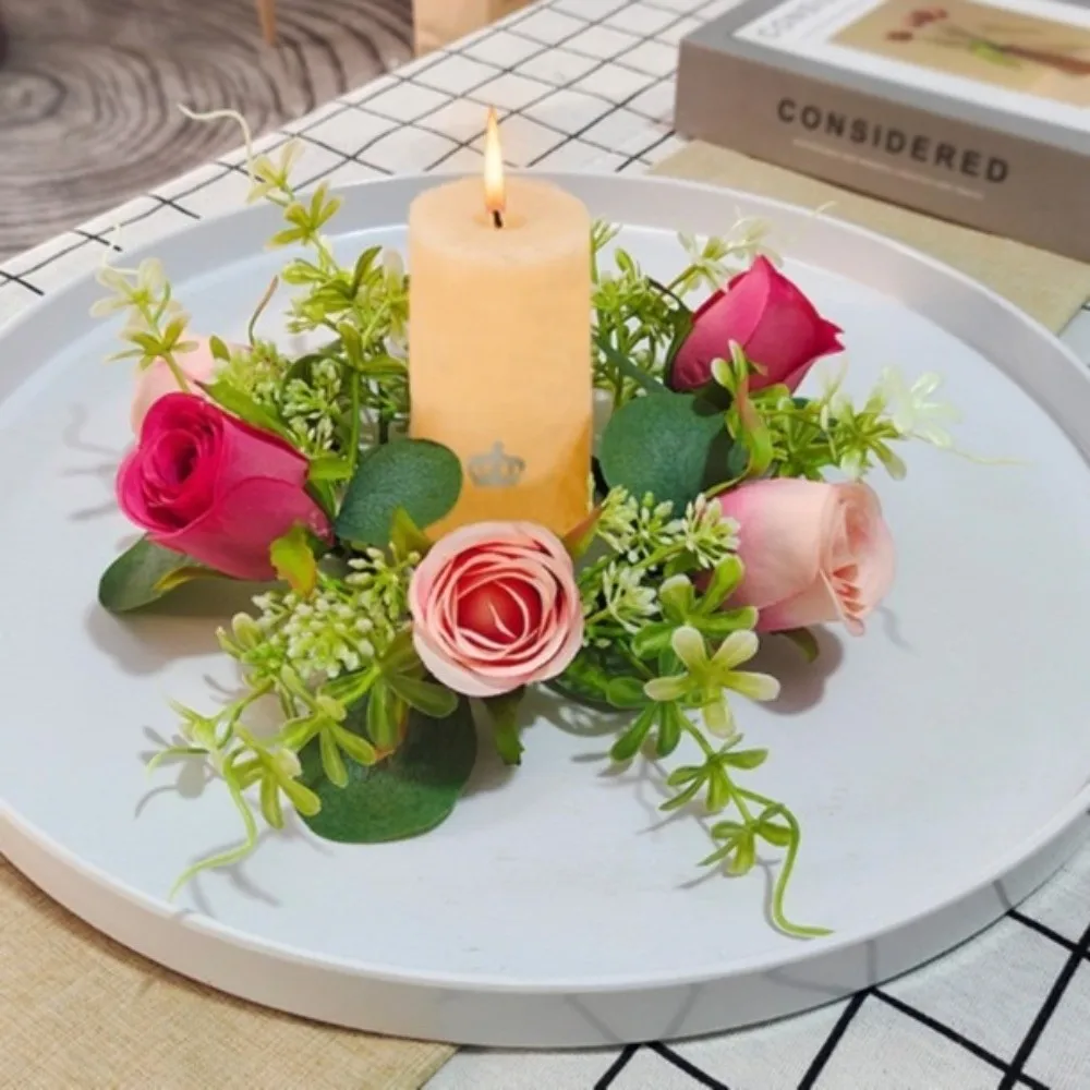 Simulation Eukalyptus Kerzenständer Kranz Künstliche Kunststoff Hochzeit Kerzenringe Bunte Party Tischdekoration – Detail 2