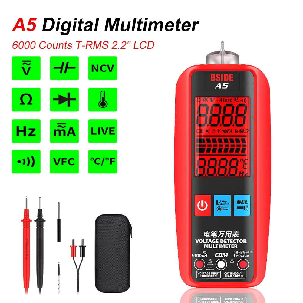 

Digital Multimeter 6000 Counts T-RMS 2.2" LCD Display DC AC Voltage Capacitance Diode Ohm Multimetro NCV Live Wire Detector Mete