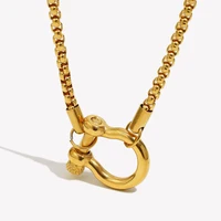 E.B.belle Buckle Pendant Necklace Square Pearl Chain 18k Gold Plated Stainless Steel For Women Men Jewelry Charm Tarnish Free