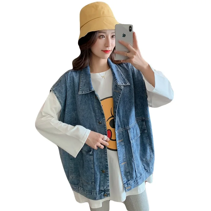 Spring and Autumn Korean Style Loose Maternity Denim Vest Sleeveless Turn-down Collar Button Fly Pregnant Woman Jackets