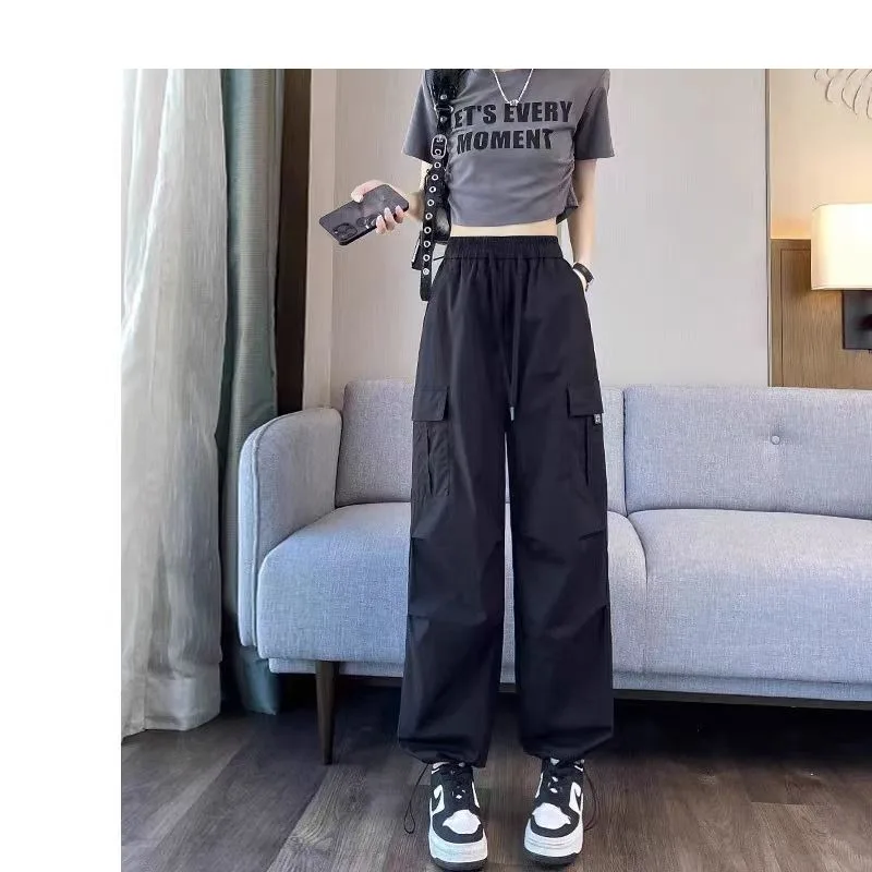 Spring Autumn Bandage Women's Pockets Elastic Solid Drawstring Button High Waisted Workwear Wide Leg Vintage Trousers Pants