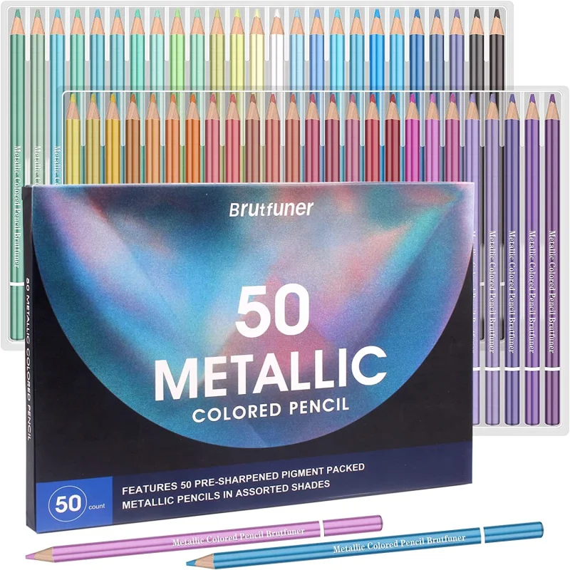 Brutfuner Metallic 50 Colors Color Pencil Set Soft Oil Wooden Sketch Drawing Coloring Pencils For Kids Art Supplies Stationery