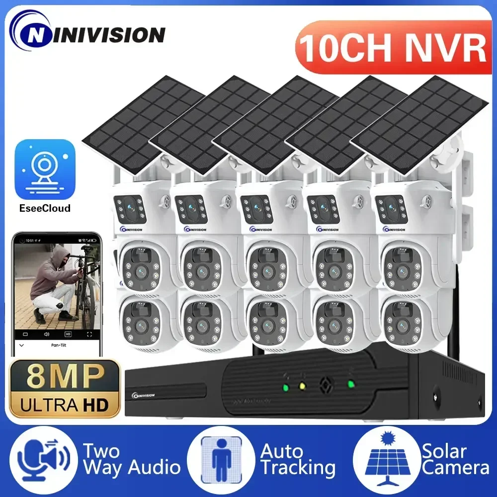 

10CH Wireless NVR 4k 8mp Dual Lens Wifi Solar PTZ AAuto Tracking Video Surveillance System External Monitoring Cctv Camera Kit