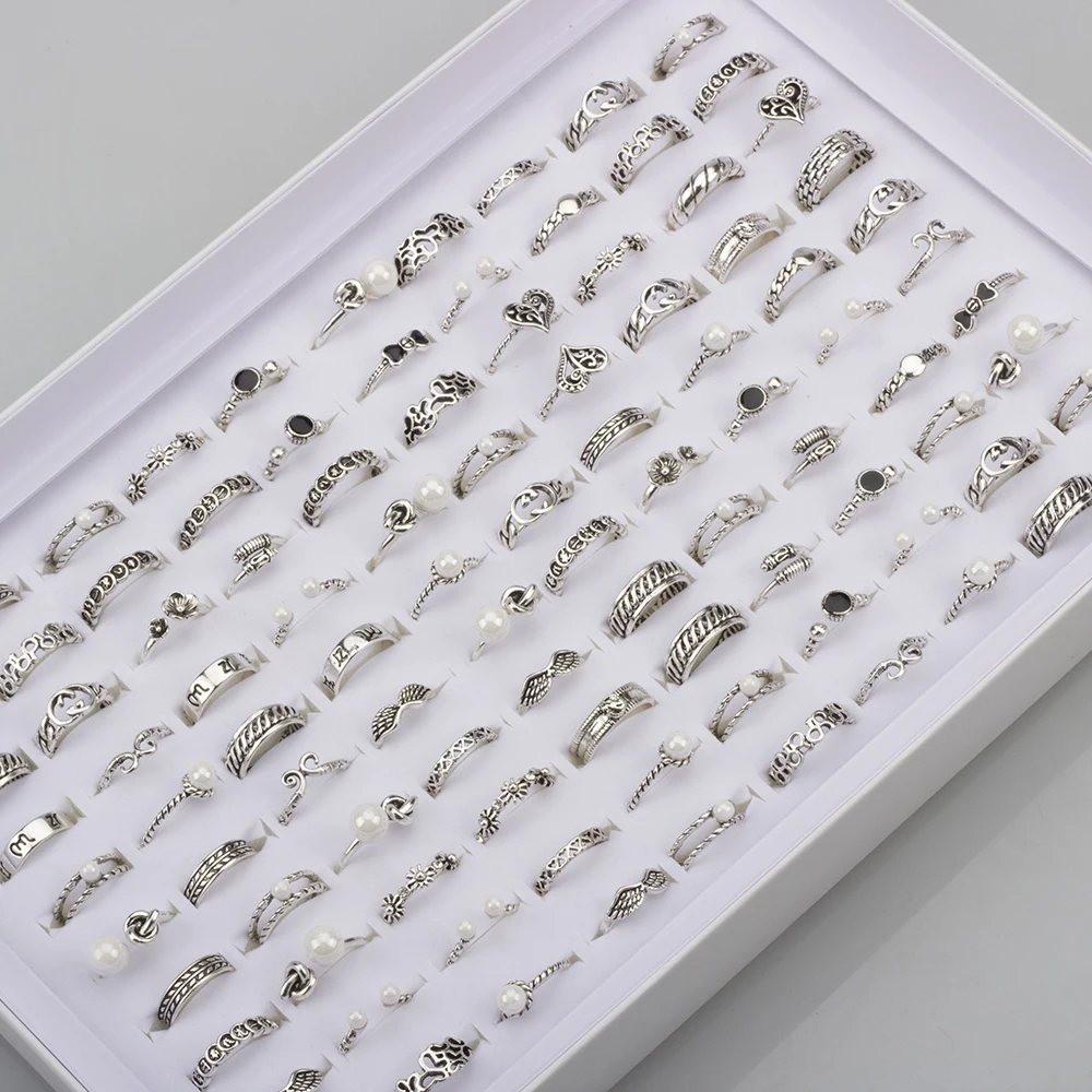 50Pcs/Lot Bohemia Rings for Women Mixed Carved Leaf Crystal Pearl Stone Finger Ring Charm Jewelry Accessories Gift