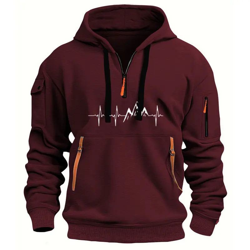 Men's Mountain Heartbeat Print Hoodies Sweatshirt Spring Autumn Long Sleeve Hooded Sweatshirt Black Gray Hoodie Sportswear