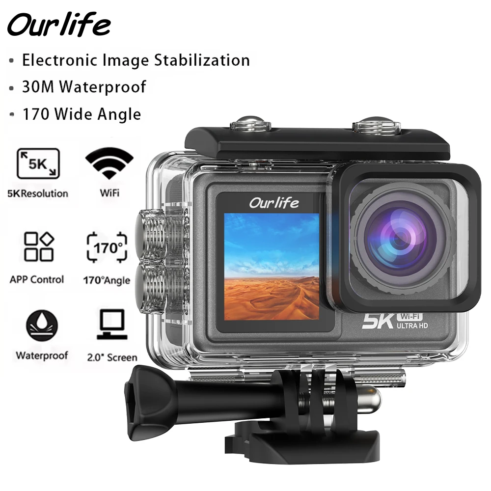 Ourlife Action Camera 5K30FPS EIS 2.0 Inch Touch Screen 30M Waterproof WiFi 5X Zoom Helmet Sport Camera With Remote Control