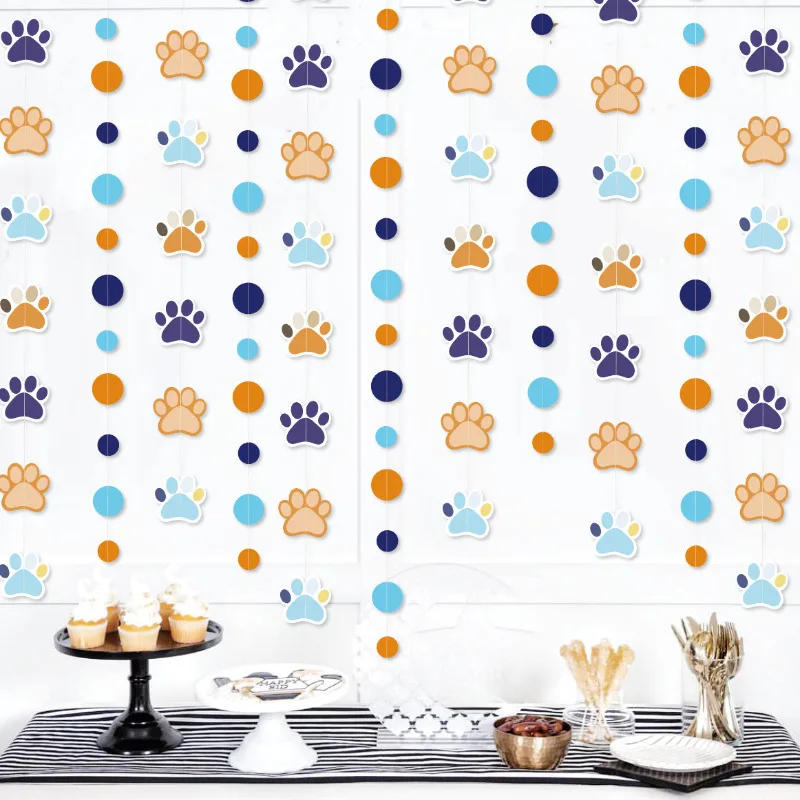 Orange Blue Doggy Footprint Polka Dots Paper Hanging Streamer Garlands Backdrop for Doggy Pet Themed Birthday Party Decoration
