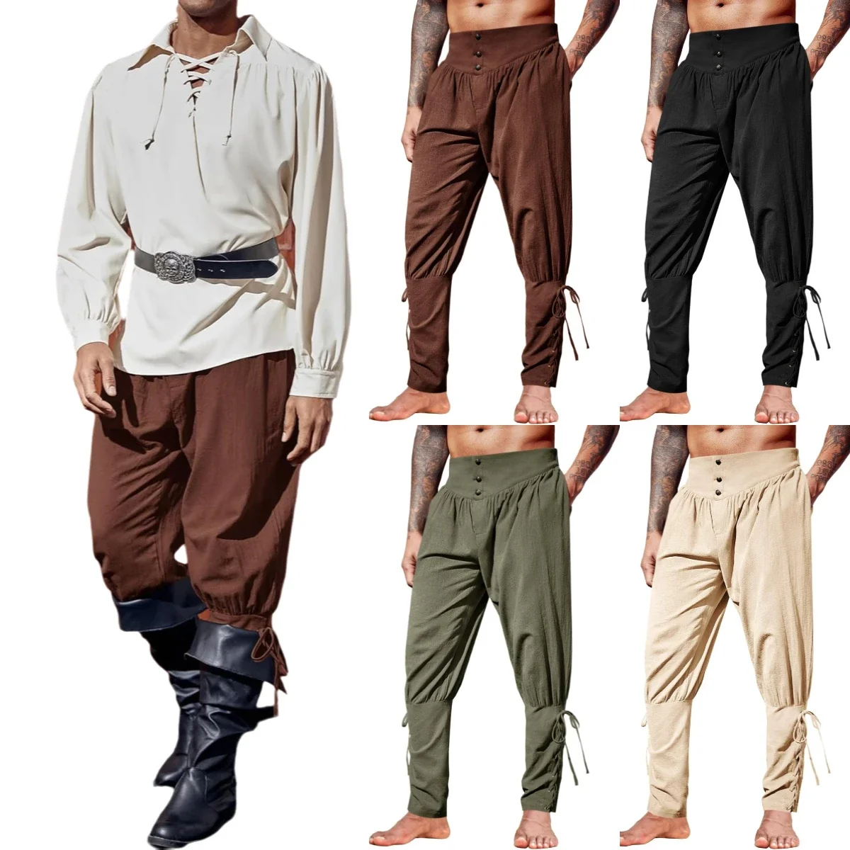 Mittelalterliche Herren-Knöchelhose Renaissance Wikinger Piraten Schnürhose Halloween Leinen Kostümhose Cargohose