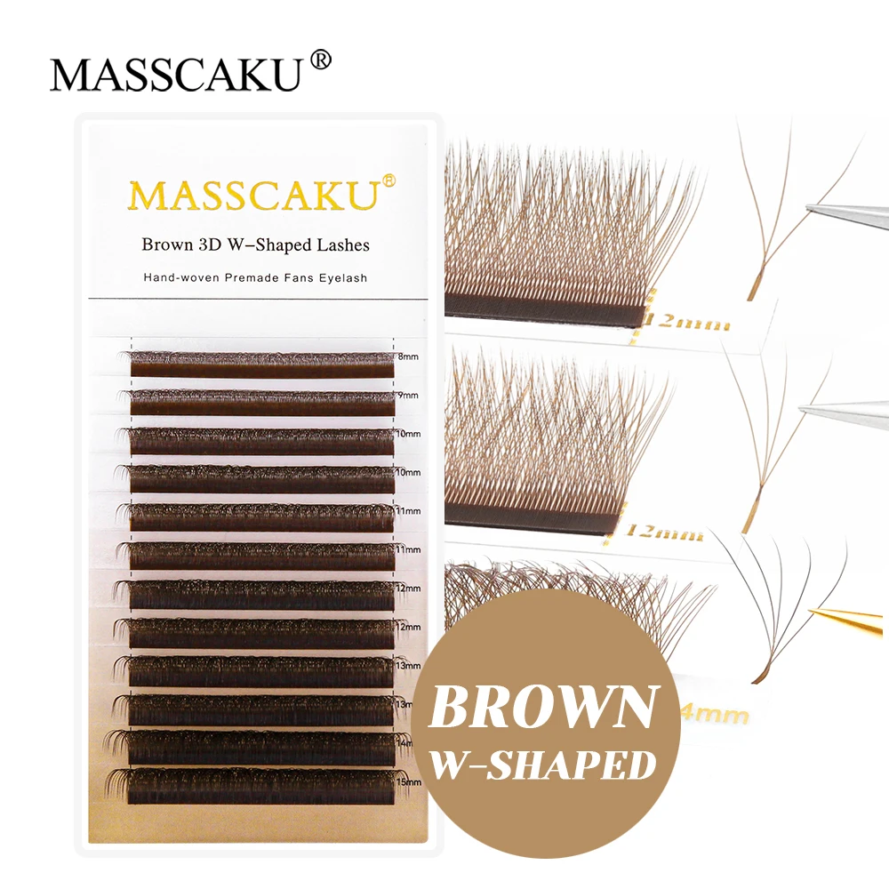 MASSCAKU D Curl Brown 3D/4D/5D W-förmige Wimpern, 8–15 mm, Mischungslänge, bequemes koreanisches PBT-Material, flache Wurzel-Wimpernverlängerungen