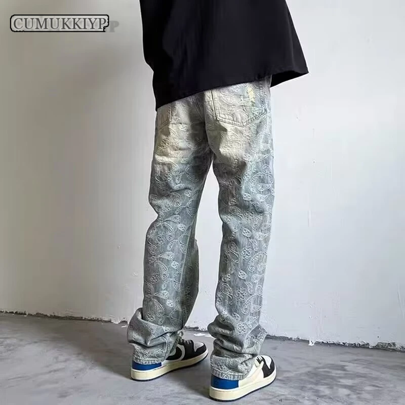 

CUMUKKIYPCasual Broken Hole Jeans Male Hiphop Water Washed Old-fashioned Retro Waist Flower Straight Leg Trousers Streetwear Men