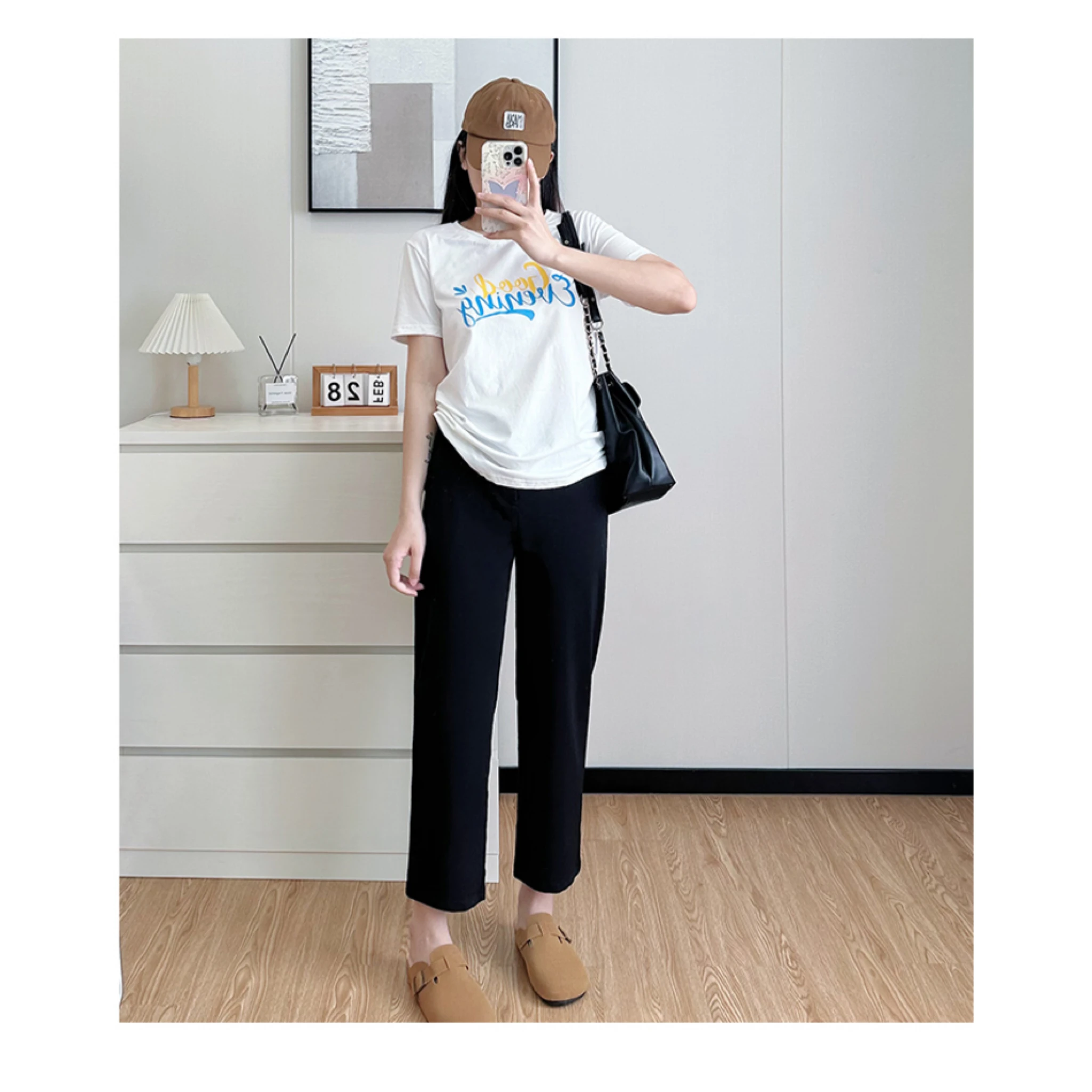 임산부 스트레이트 레그 수트 팬츠 블랙 슬리밍 여름 카고 팬츠 드레이핑 와이드 레그 캐주얼 봄 가을 임산부용