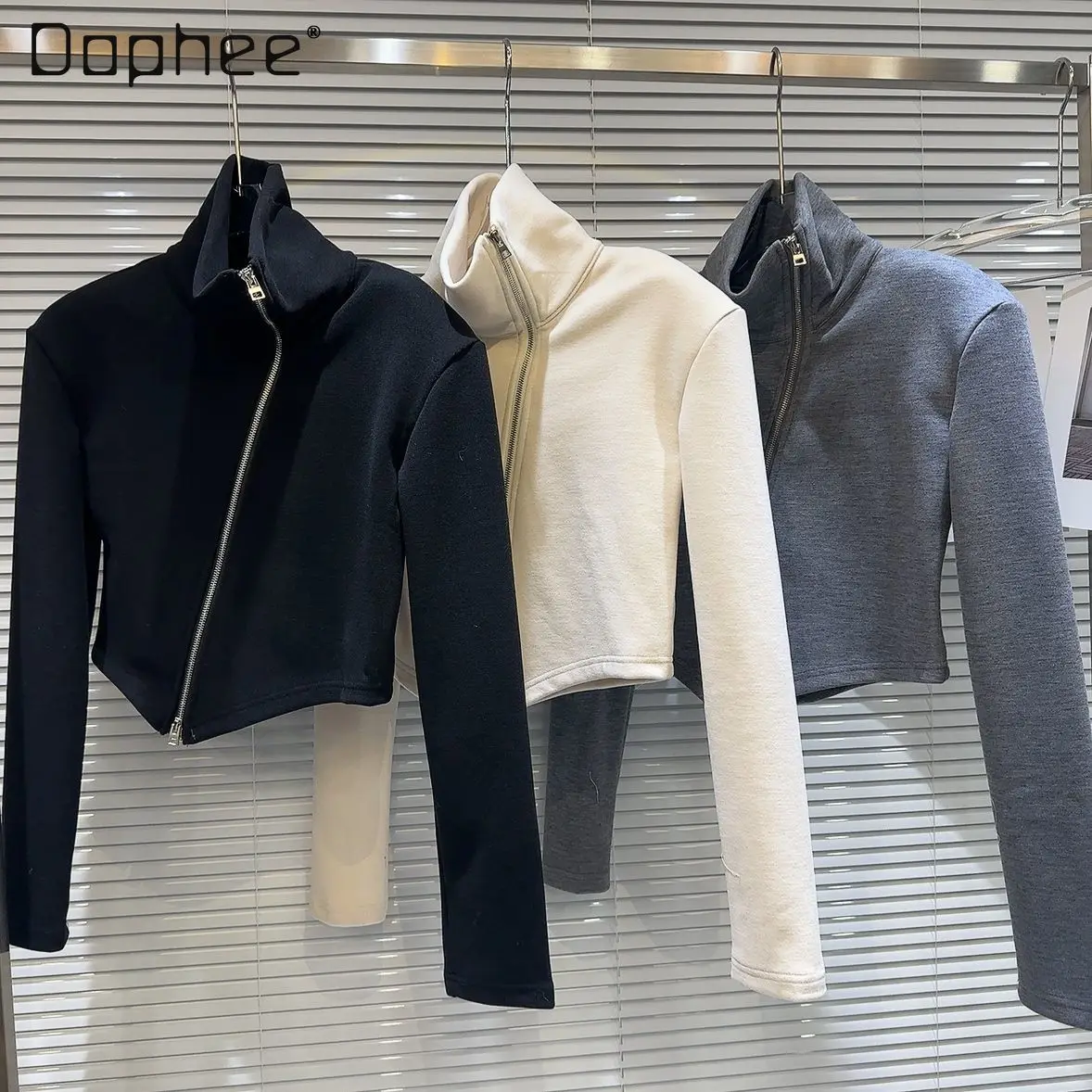 

Casual Metal Oblique Zipper Turtleneck Beveled Brushed Fleece Coat 2023 Autumn New Streetwear Thickened Long Sleeve Short Jacket