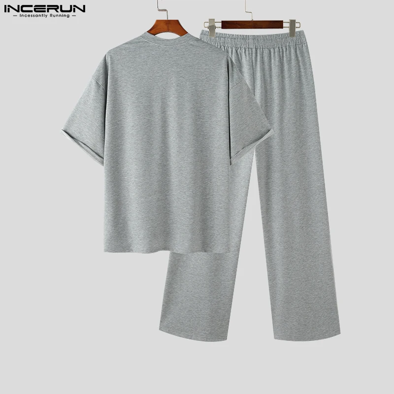 INCERUN 2023 Korean Style New Men's Sets Small Neckline Loose Short Sleeved Tops Straight Pants Casual Solid Suit 2 Pieces S-5XL