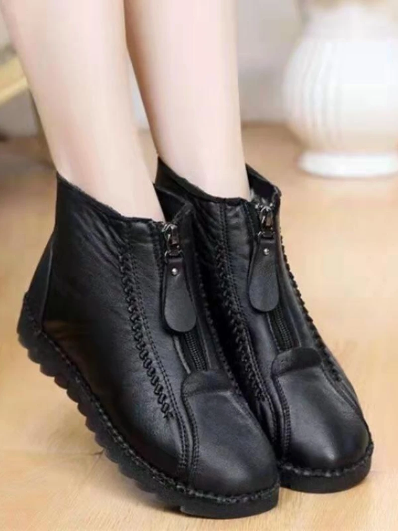 

Зимние женские ботильоны 2023, модные теплые ботинки для мам, удобные нескользящие ботинки на плоской подошве с застежкой-молнией спереди, женская обувь