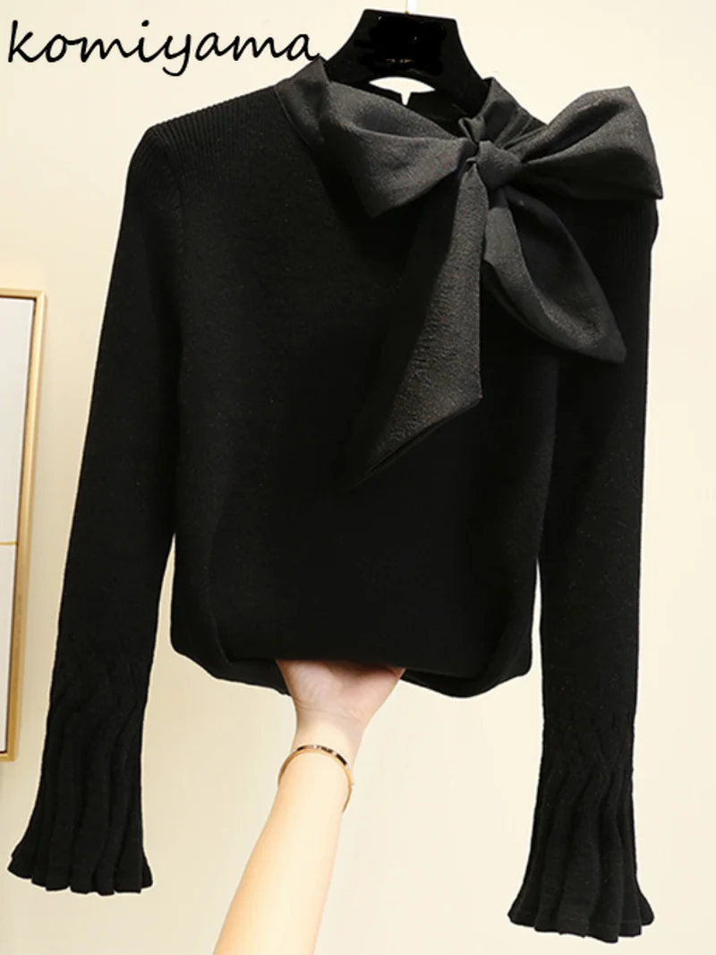 Komiyama Sweet Bow Tie Flare Long Sleeve Sweaters Women Elegant Fashion Y2k Clothes Bottomed Knitwear Fall Pullover Tops