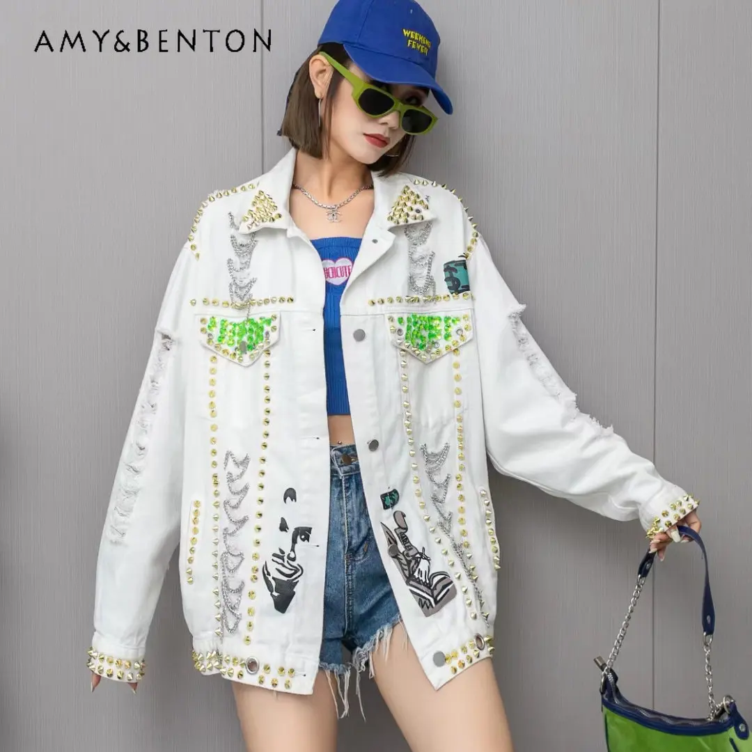 

Женская джинсовая куртка с блестками, свободная приталенная куртка из денима с мультяшным принтом, украшенная бисером, весна-осень 2023