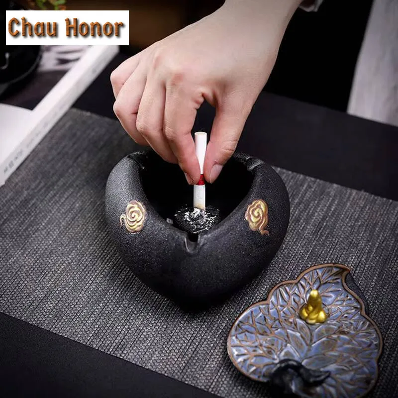 Creative Black Pottery Ashtray Home Decoration Accessories Ceramic Personality With Cover Anti Fly Ash Ashtray Customized Gift 6