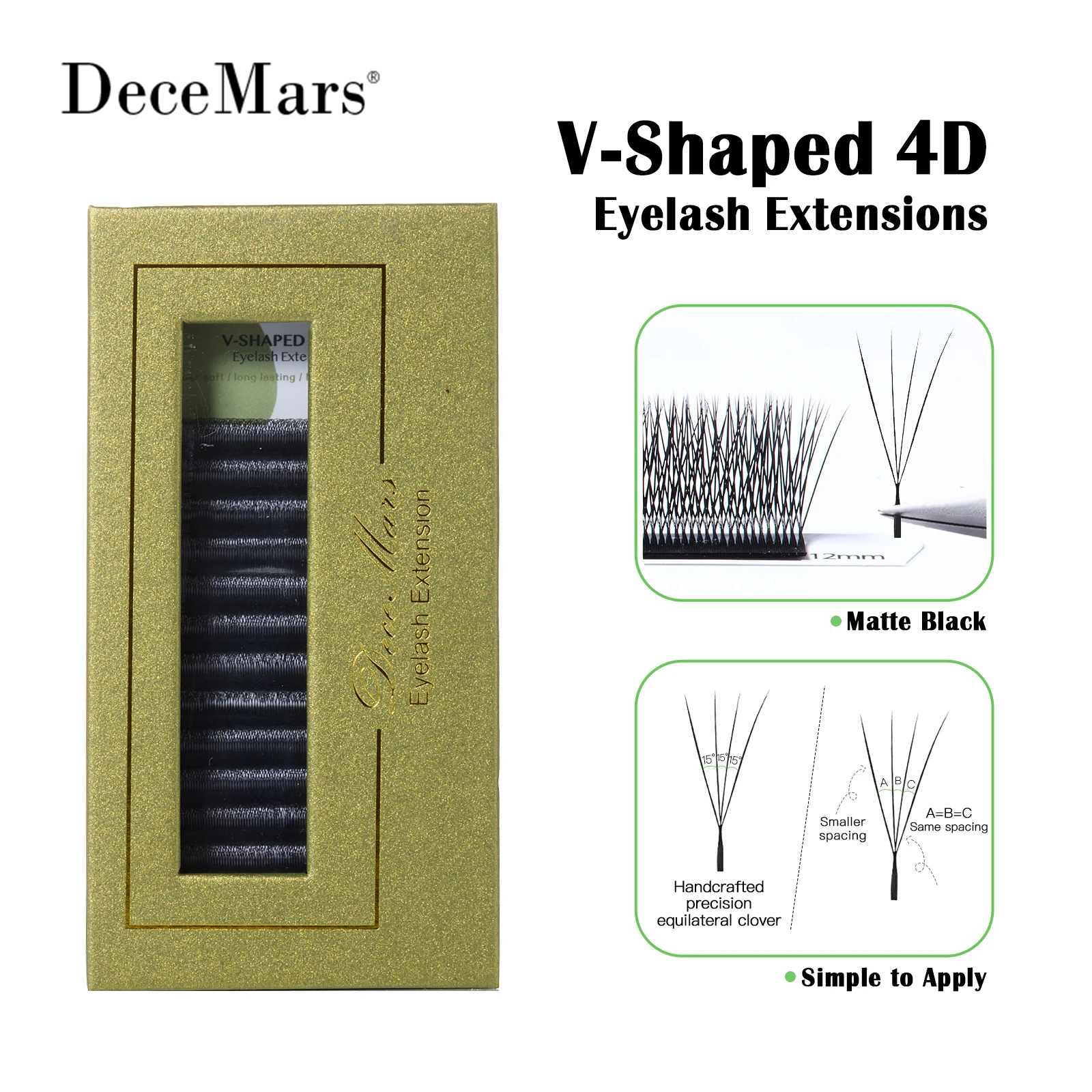 DeceMars V-shaped 4D eyelash extensions Matte Black 12 Rows/Tray for Makeup