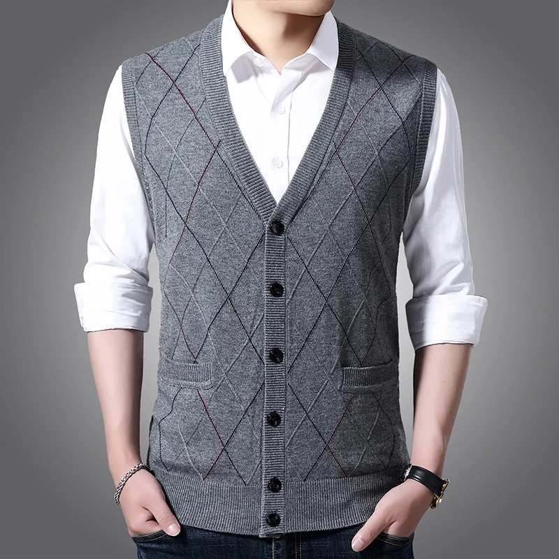 Men 50% Wool Vest Sleeveless Knit Buttons Down V Neck Striped Sweater Cardigan for Autumn Winter Smart Casual Fashion 00456