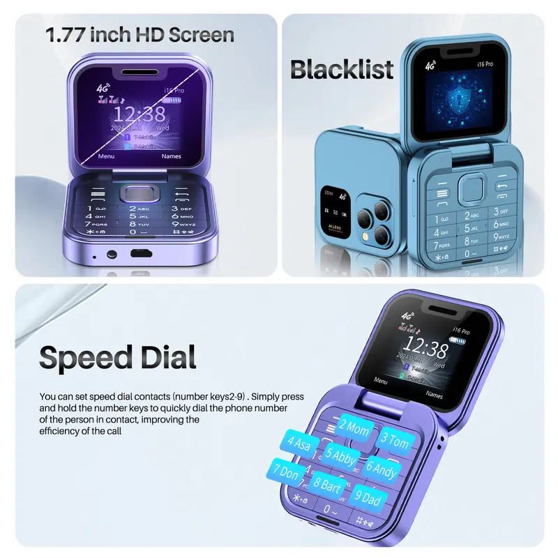 SERVO Mini Flip Mobile Phone 4G/2G Cellular 1.77" Diaplay Speed Dial Flashlight Recorder FM Radio Dual SIM Foldable Cellphones - Image 3
