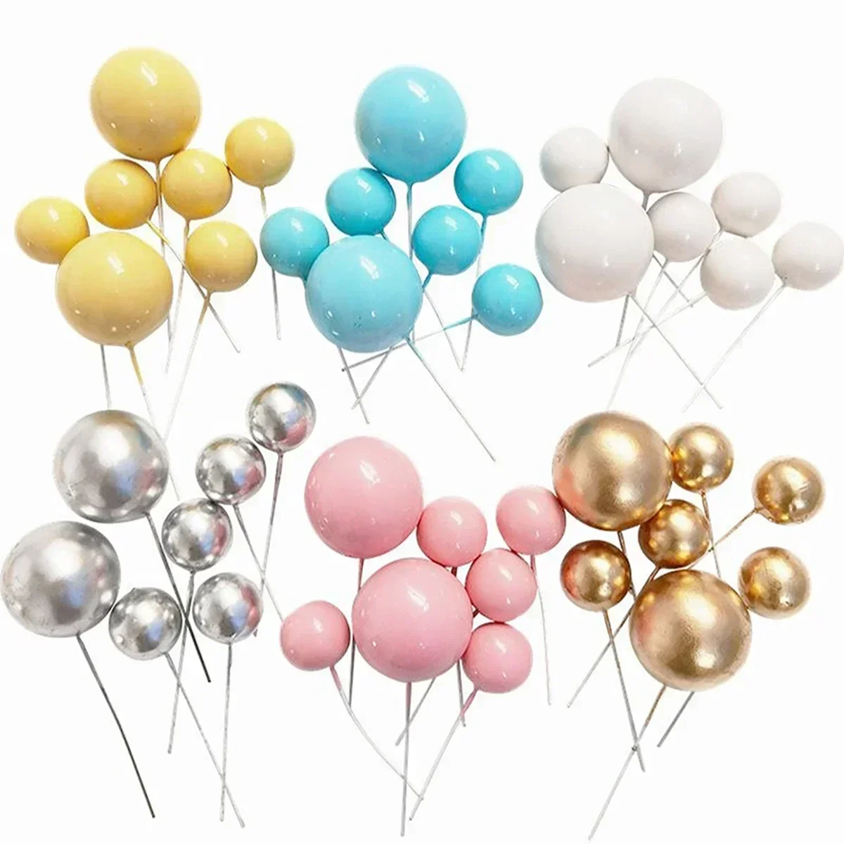 20Pcs Cake Topper Gold Silver Ball Happy Birthday Cake Topper Fai Da Te Cupcake Flag Wedding Christmas Ball Decor Decorazione Di Compleanno