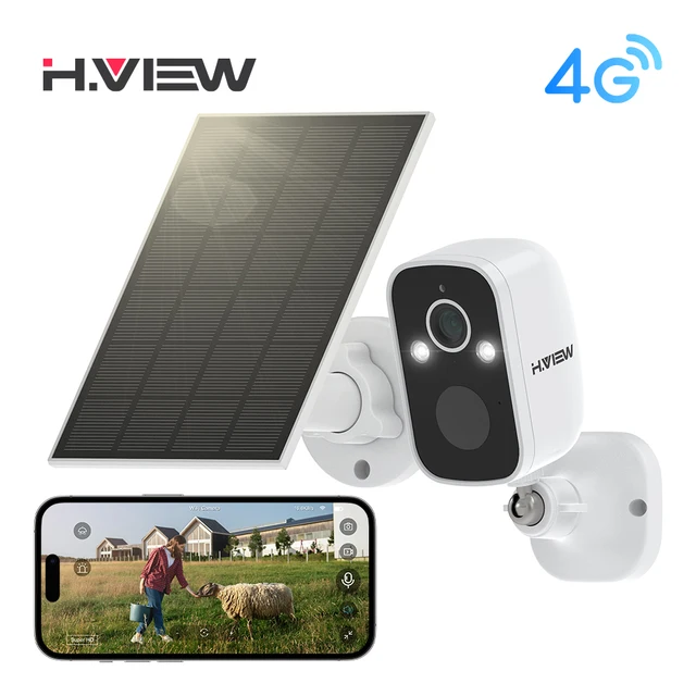 Caméra de sécurité H.view 4G 3MP solaire avec batterie 5200mAh, détection humaine PIR, surveillance extérieure, audio intégré et e-SIM 1
