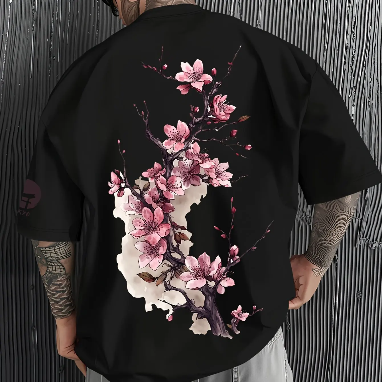 T-Shirt mit Tokyo-Kirschblütenmuster, traditionelles japanisches, lässiges, kurzärmliges Baumwoll-T-Shirt – Detail 5
