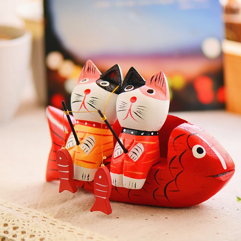 

1 Set Wooden Couple Cat Figurine Japanese Style Animals Sculpture Tabletop Romantic Ornament for Valentines Day Home Decoration