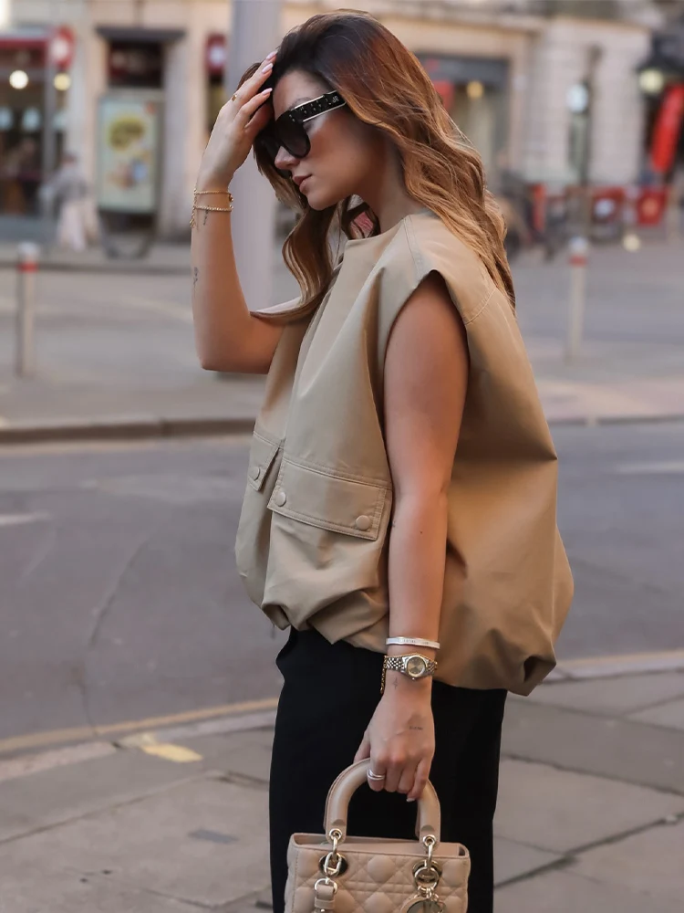 TRAFZA Women's New Fashion Versatile Round Neck Sleeveless Double Zipper Vest Female High Street Pleated Hem Loose Casual Vest